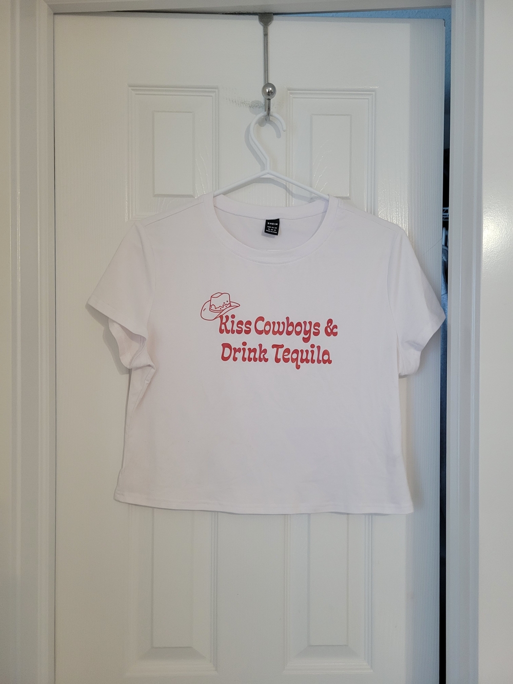 SHEIN White Crop Tee with Red Cowboy Graphic Text Size L